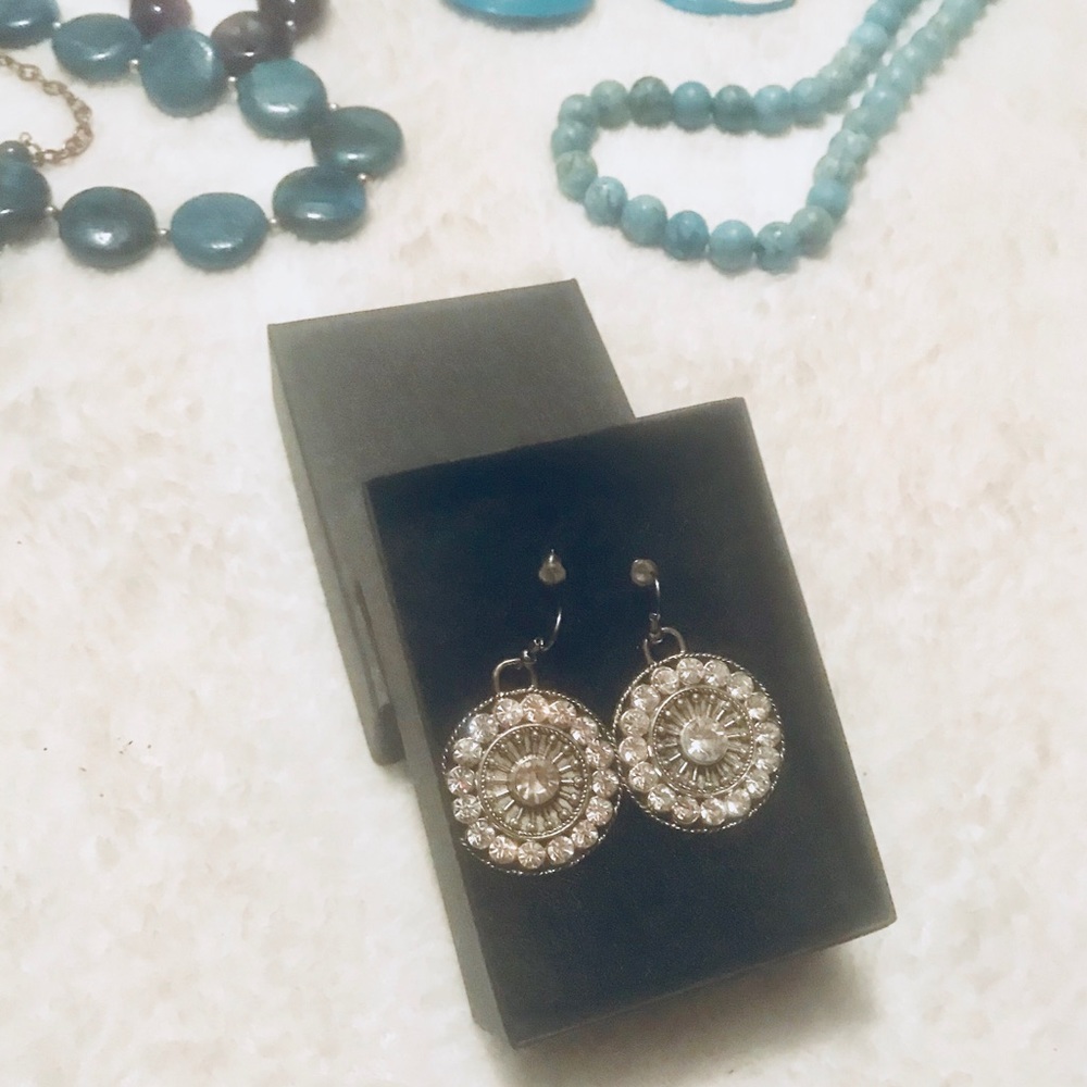 Large Silver Disc Crystal Dangle Earrings - image 5